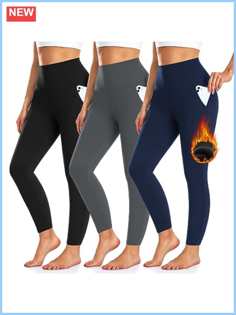 3 Pack Fleece Lined High Waist Leggings with Pockets for Women